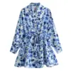 TRAF GAL 2024 Summer Floral Printed Women Laced Up Waist Shirt Dresses Long Sleeve Buttons Slim A-Line Robe Femme Mini Dress Y2K