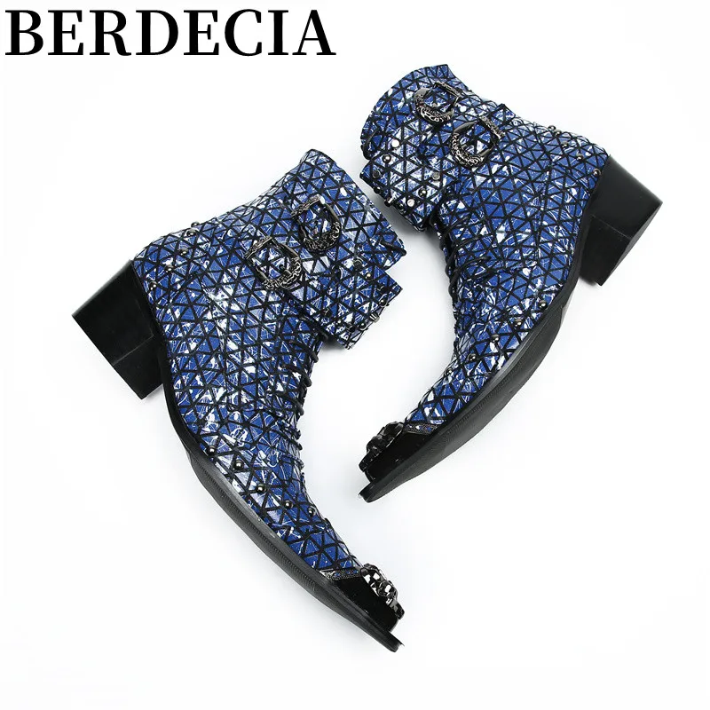 Genuine Leather Rhombus Metal Buckle Zip Boots Breathable Designer Man Shoes Gentleman Blue Red silver Casual Zapatillas Hombre