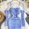 SINGREINY Backless Blue Slash Neck Dress Women Off Shoulder Bow Ruched Elegant Fashion 2024 Ladies Slim Sexy Mini Dresses