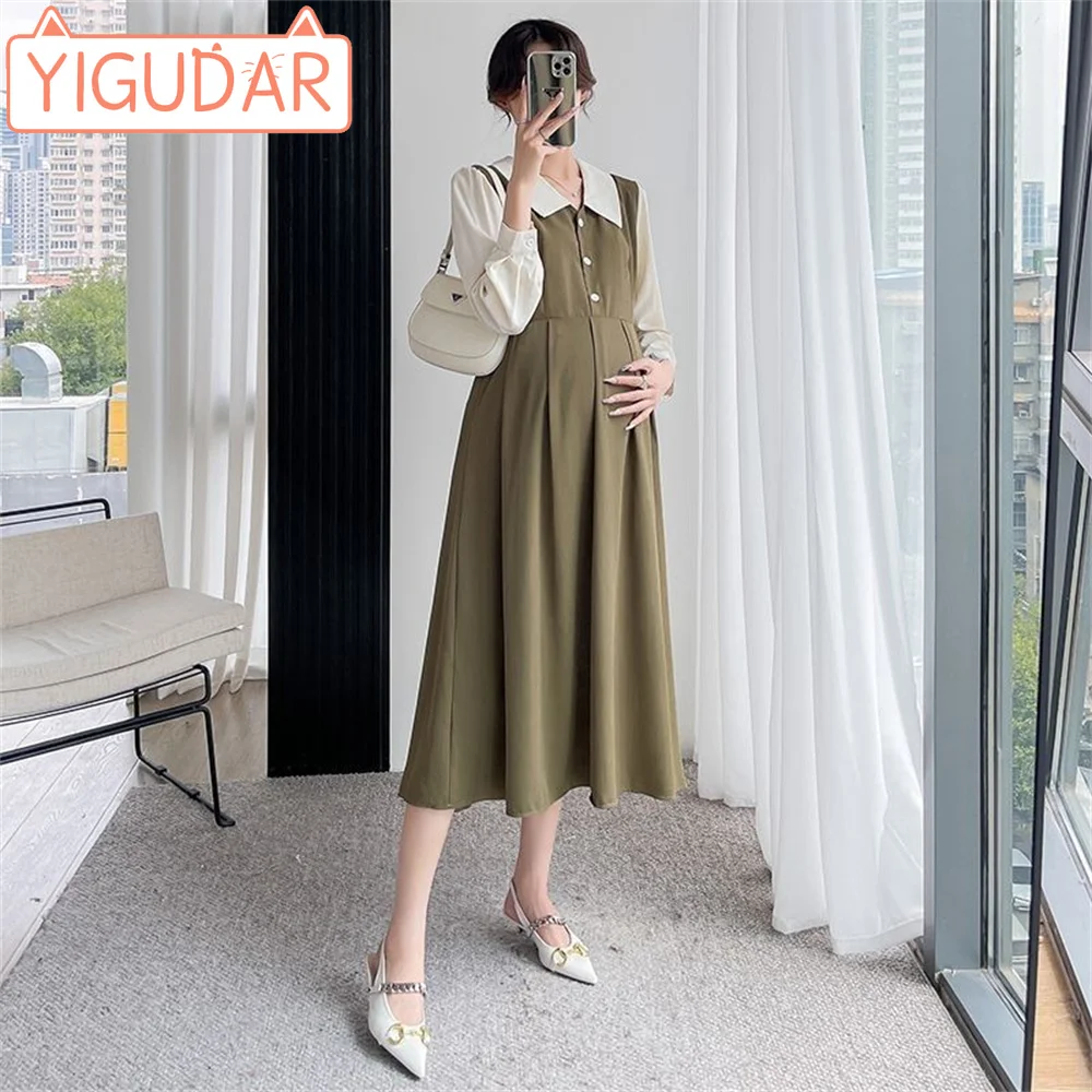 Pregnant women's autumn winter sweaters medium length Korean version loose fitting pregnant women's plush fashion dress long