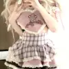 Pink Lolita Kawaii Two Piece Set Women Summer Korean Cute Mini Skirt Suit Female Sweet Heart-shaped Blouse＋Plaid Cake Skirt 2023