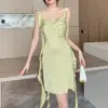 2024 New Green Satin Elegant Ruffled Sling Mini Dress Summer Fashion Casual Holiday Dress Women Korean Bodycon Dance Party Dress