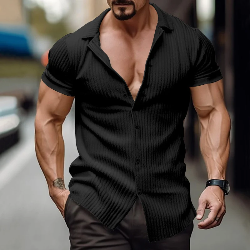 Spring Summer Casual Beach Shirts For Men Vintage Solid Color Striped Jacquard Shirt Fashion Short Sleeve Button Lapel Men Tops