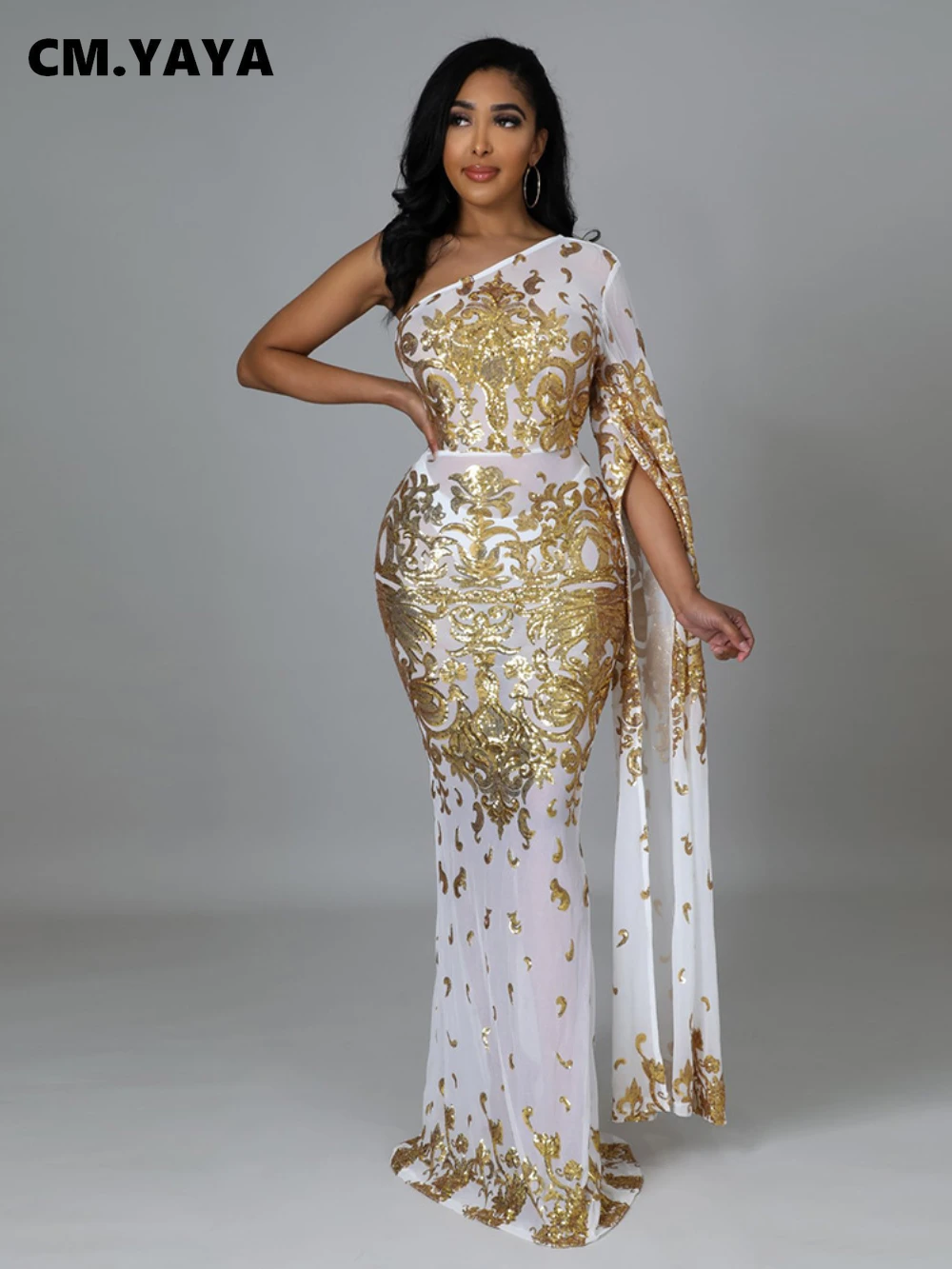 CM.YAYA Women Sequined Paisley Mesh See Though One Shoulder One Long Clock Sleeve Mermaid Maxi Dress Sexy Night Party Long Dress