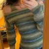 Winter Harajuku Vintage Knitted Sweater Women Green Striped Sexy Slim Jumpers Famale Korean Off Shoulder Two Pieces Set Y2K Tops
