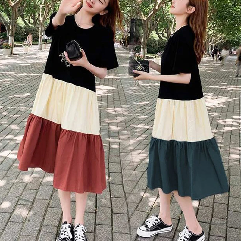 Pregnant Summer Maternity Clothes Green Beige Short Sleeve O-neck Drawstring Waist Pregnant Woman Ball Gown Dress Chiffon Dress
