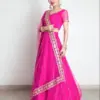 India Women's Saree Embroidery Georgette Rhinestones Dance Stage Lehenga Suit Rose Red