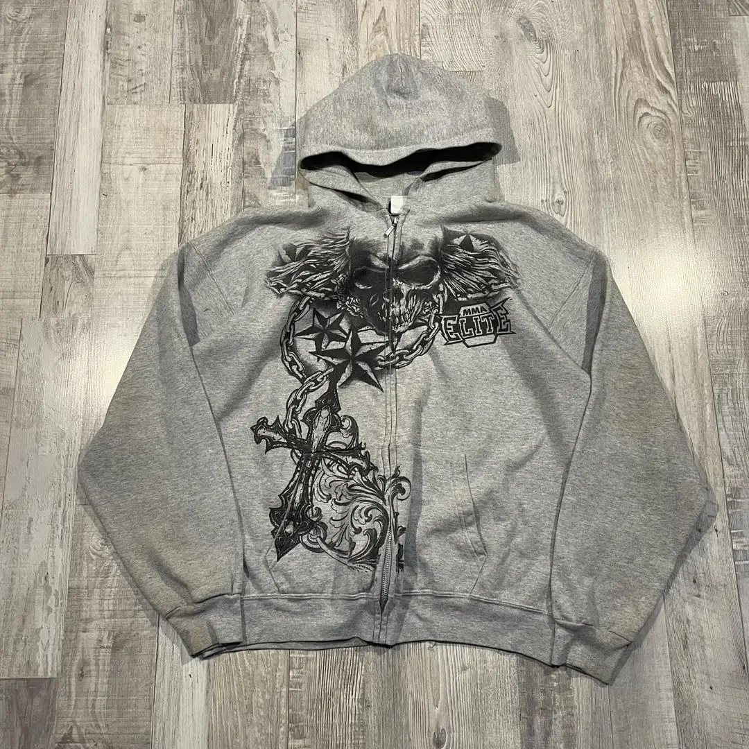 Retro Street Aesthetics Skull Embroidery Gothic Fashion Zipper Hoodie Hip Hop Sweatshirt Casual Y2k Top Women's Kpop Clothes