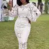 Lace Dresses for Women 2024 Summer Lantern Sleeve Midi Bodycon Pencil Dress Female Sexy Birthday Party Elegant Gowns with Sashes