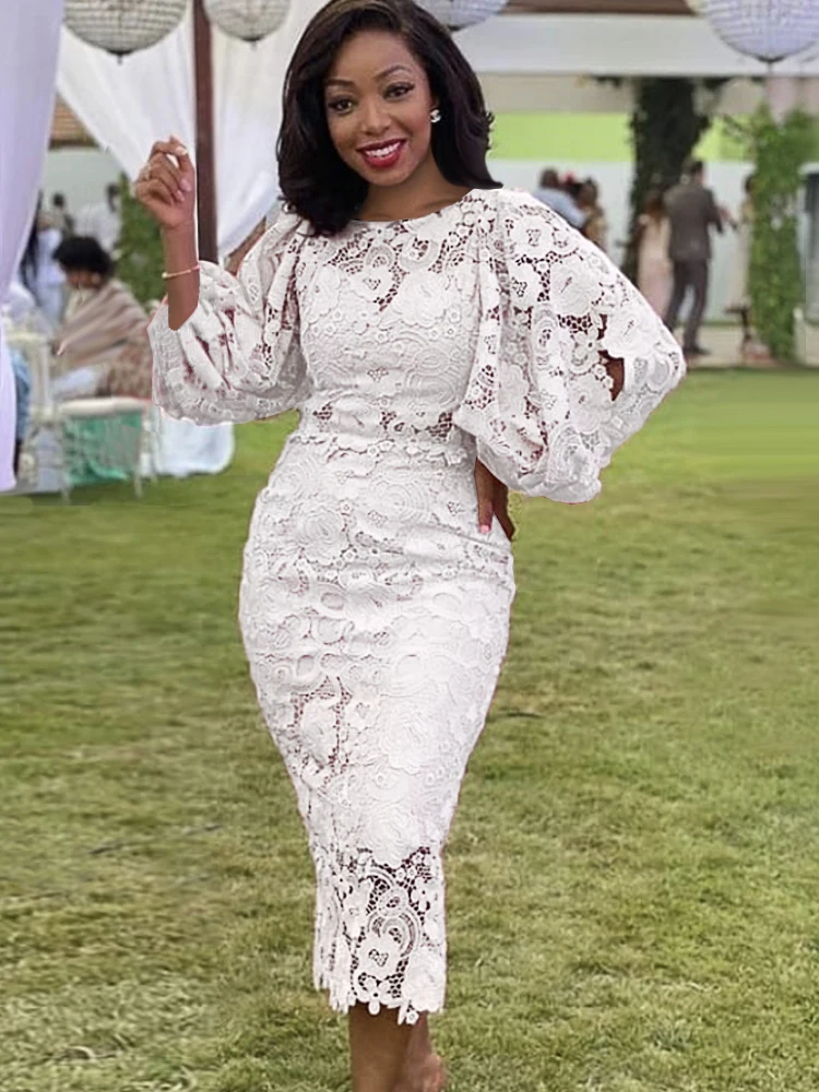 Lace Dresses for Women 2024 Summer Lantern Sleeve Midi Bodycon Pencil Dress Female Sexy Birthday Party Elegant Gowns with Sashes