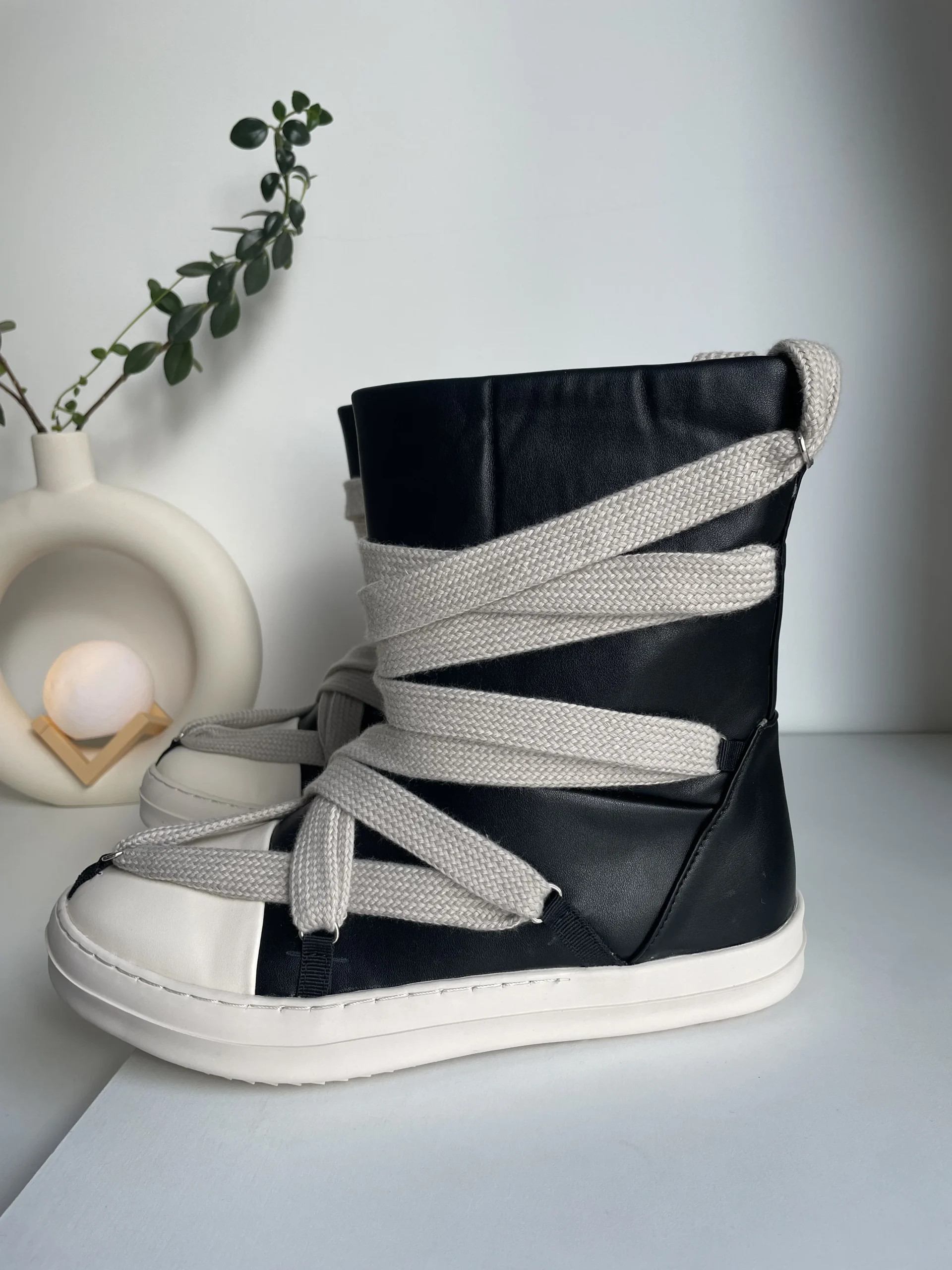 Men Shoes High-TOP Ankle Boots PU Leather Women Boots Vintage Luxury Trainers Casual Lace-up Flat Black Owen Brand Design Ro