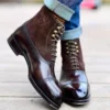 Men Short Boots Brown Bullock Flock Lace-up Square Toe Handmade Business Ankle Shoes for Men with Zapatos Hombre - Image 5