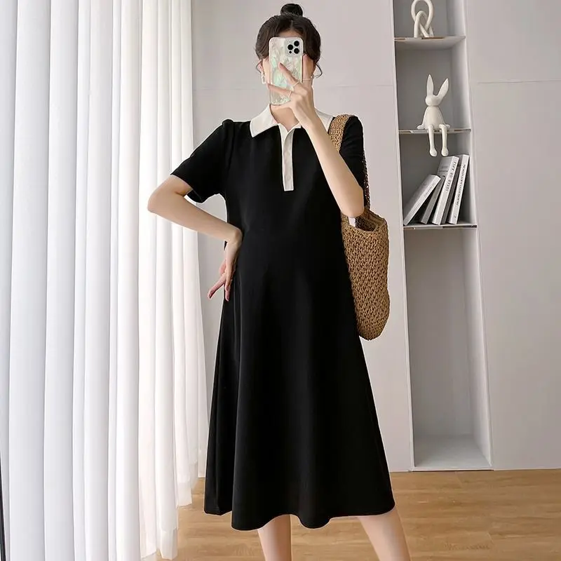 Summer Pregnant Women Dresses Maternity Lapel Shirt Pregnancy Solid Color Loose Knee A-line Female Long Casual Top