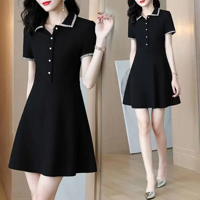 Ladies Summer Temperament All-match Patchwork Solid Color Slim Square Collar Corset Short Sleeve A-line Skirt Women Casual Dress