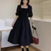 HOUZHOU Elegant Vintage Dress Women Black Casual Short Sleeve Dresses Mid-Calf Square Collar Puff Sleeve Korean Fashion Sundress