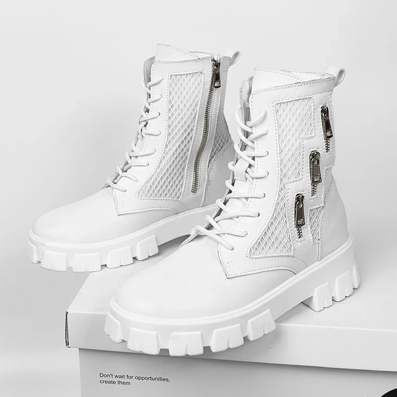 New White Men's Boots Fashion Tooling Men Shoes Thick Sole Men Black Ankle Boots Designer Platform Motorcycle Boots Man Footwear