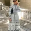 Ladies Elegant Printed Midi Dress With Belt Fashion Stand Collar Long Sleeve A-line Dresses Spring Female Casual Street Vestidos