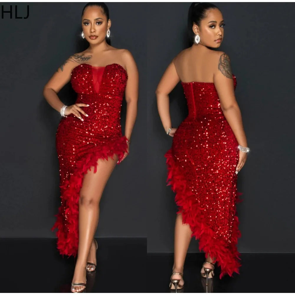 HLJ Red Fashion Sequin Feather Splicing Irregular Party Club Dresses Women Sleeveless Bodycon Vestidos Sexy Slim Tube Dress 2023