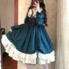 KOSAHIKI Japanese Kawaii Peter Pan Collar Lolita Dresses Patchwork Bowknot Ruffles Sweet Women Vestido Princess Party Femme Robe