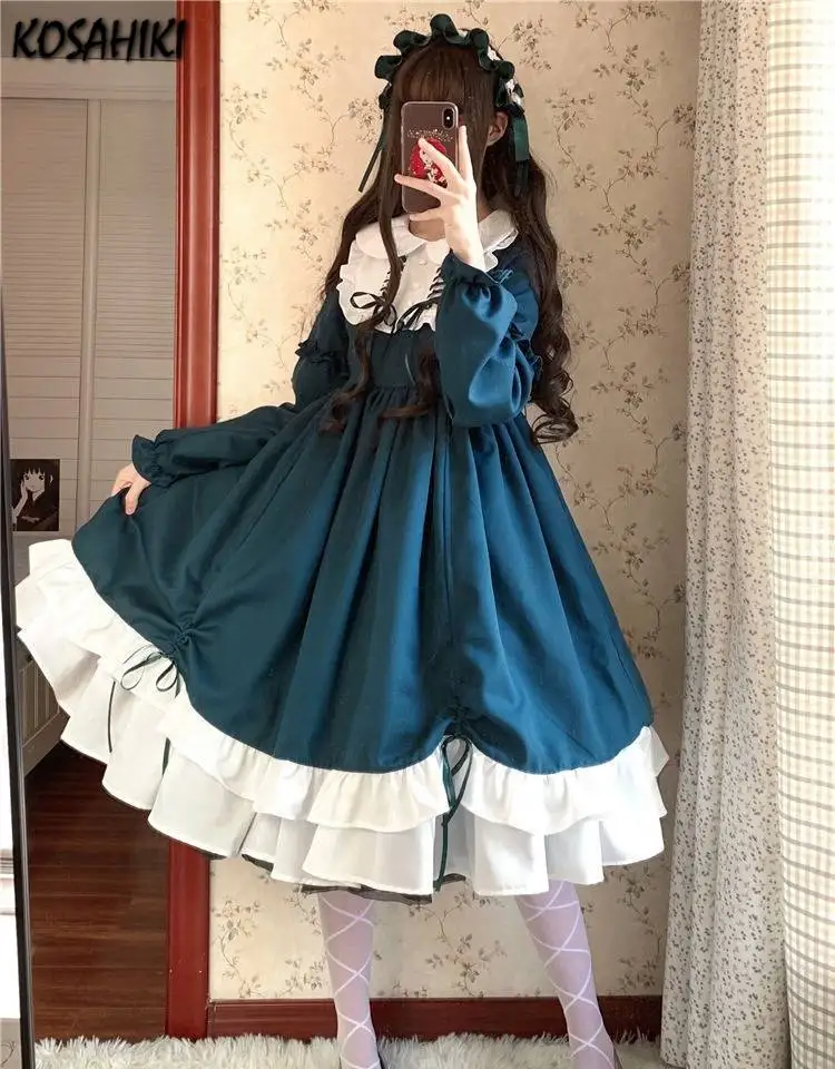KOSAHIKI Japanese Kawaii Peter Pan Collar Lolita Dresses Patchwork Bowknot Ruffles Sweet Women Vestido Princess Party Femme Robe