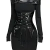 Women Dark Academia Slash Neck Mini Bodycon Dress Long Sleeve One-Piece Clothing Gothic Party Sexy Hot Club Grunge Y2k Gyaru PU