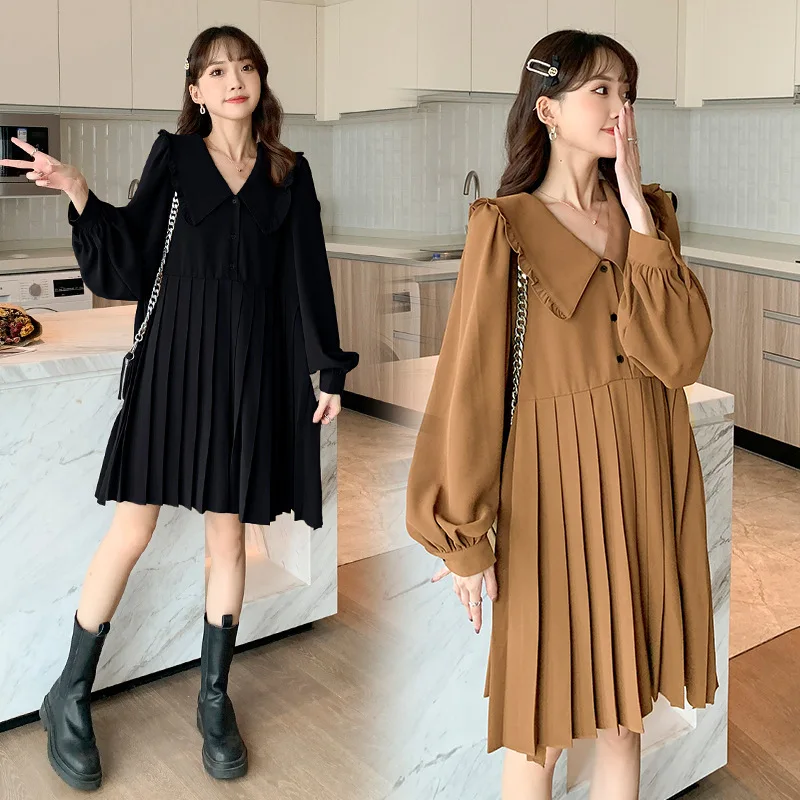 Spring Autumn Pregnancy Dress New Long Sleeve A Line Loose Pleated Dress for Pregnant Women Pure Color Maternity Clothes