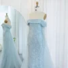 Sharon Said Luxury Off Shoulder Light Blue Mermaid Evening Dress with Detachable Overskirt Dubai Women Wedding Party Dress SS287 - Image 2