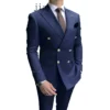 2023 Casual Sky Blue Men Suits Double Brested Peak Lapel Gold Button Groom Wedding Tuxedos Best 2 Pcs Blazers Jacket Pants Set - Image 2