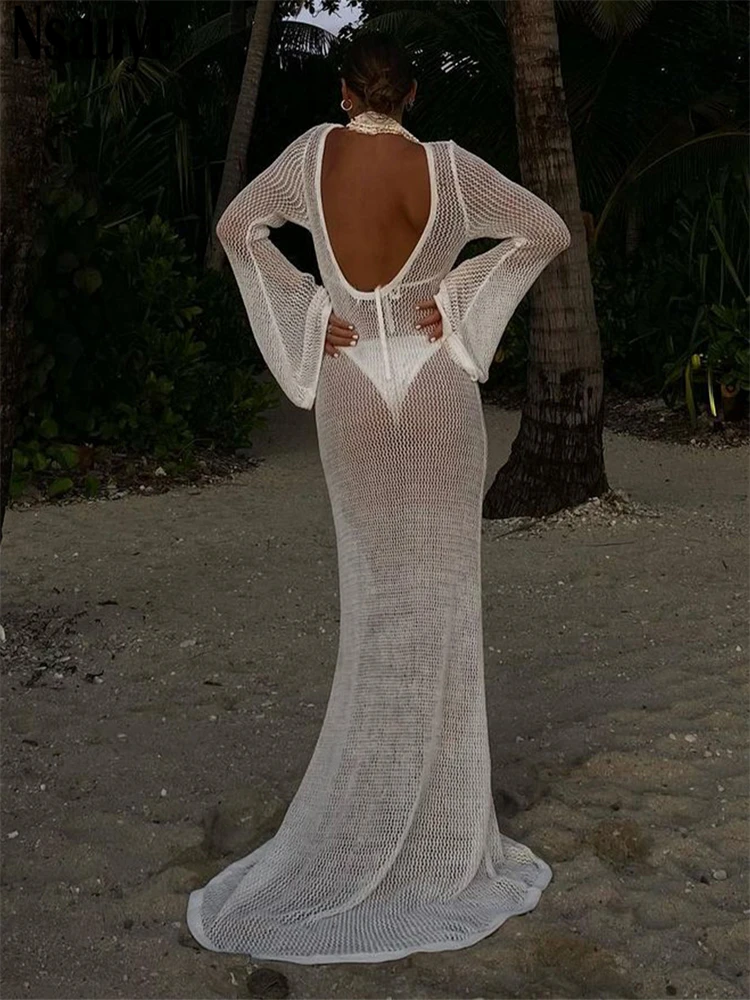 Nsauye Casual Knitted Sweater Long Sleeve Summer Beach Holiday Sexy Women Club Dress Long Sleeve Party Elegant Fashion Dresses