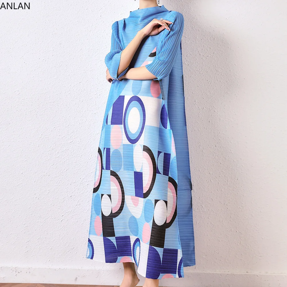 ANLAN 2024 Spring New Miyake Pleated Print Dress Color Contrast Long Sleeved Relaxed Women's Long Casual Party Dresses