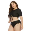 Two Pieces Swimsuit Women Plus Size 2022 Summer Short Sleeve Crop Tops 2 Pieces Set Bathing Suit Black Beach Swimwear - Image 4