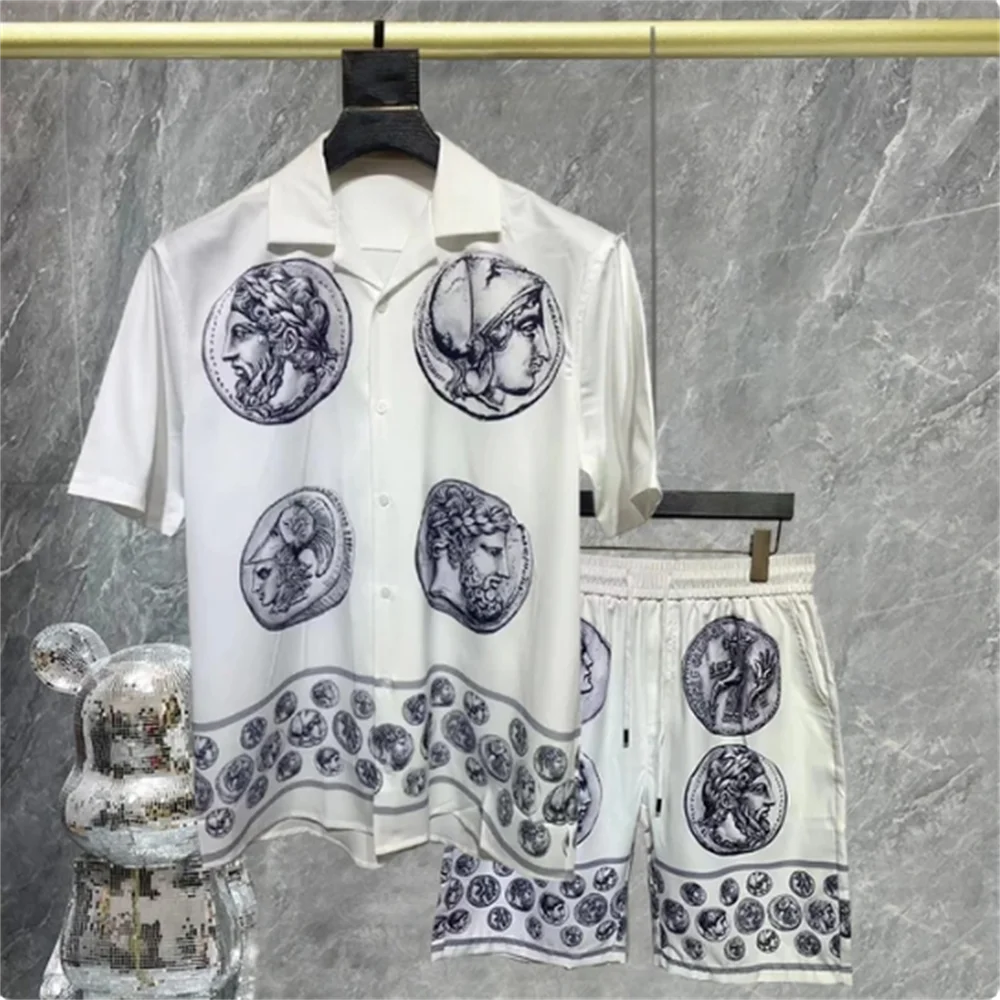 Floral Colorblock Portrait Print Short-sleeved Shirt Set Short Top For Men Casual Set High Quality Lapel Streetwear Shirt Suit