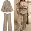 Casual Lace Up Women 2 Pieces Sets Lapel Long Sleeve Shirts Chic Female Suit 2024 Spring Loose Drawstring Wide Leg Pants Outfit
