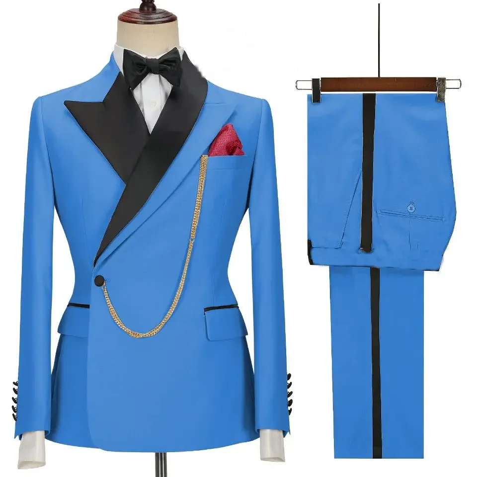 Custom Made Black Groom Tuxedo Peaked Lapel Double Breasted Men Suit Prom Wedding Party Costume Chain accessories not included