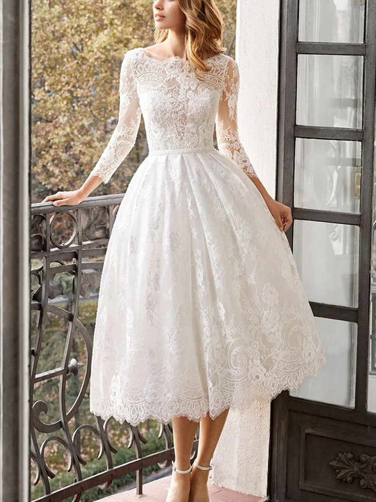Lace Dress Women Elegant White Backless Sexy Evening Maxi Dresses Female Long Sleeve Slim Wedding Party Dress