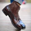 Men Short Boots Brown Bullock Flock Lace-up Square Toe Handmade Business Ankle Shoes for Men with Zapatos Hombre - Image 8