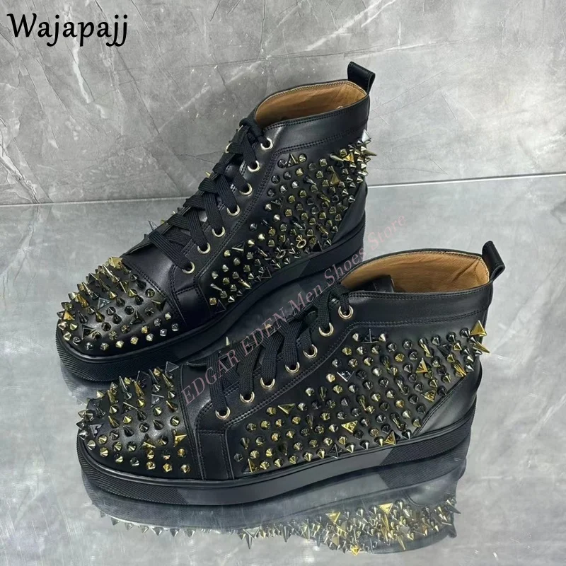 New Style Genuine Leather Men's Ankle Boots Gold Rivet Round Toe Male Black Shoes Lace Up Fashion Men's Casual Short Boots