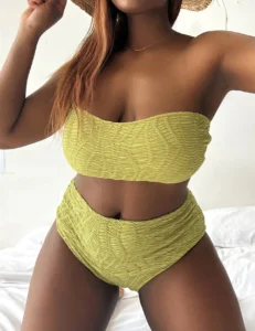 Yellow Plus Size Bandeau High Waist Bikini Swimwear Women's Swimsuit Beachwear Bathing Suits - Image 3
