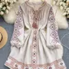 Women's Spring Dress Bohemian Retro Ethnic Style Diamond Cotton Linen Blend Embroidered Lantern Sleeves Mini Vestidos DS003