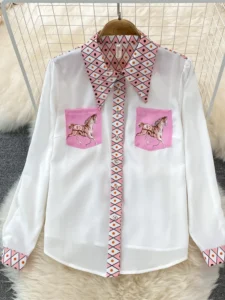 New 2022 Fashion Runway Summer Skirt Suit Women's Horse Geometry Print Blouse And A Line Pocket Buttons Skirt 2 Two Piece Set - Image 3