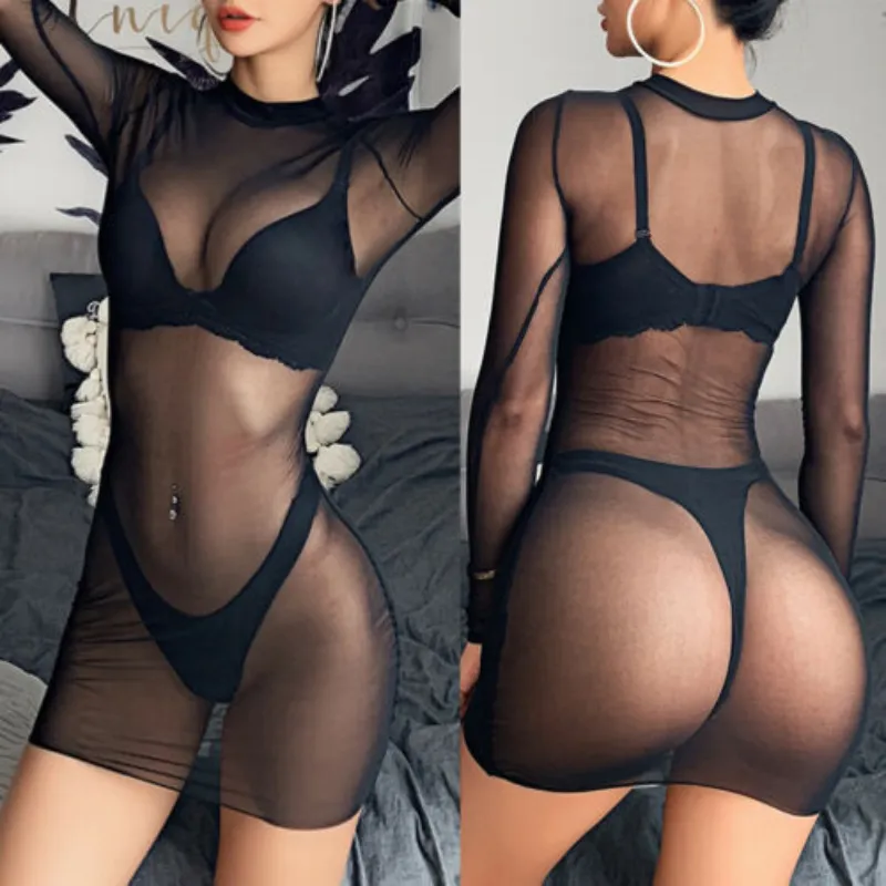 Sexy Pure Net Yarn Transparent Long-sleeved Crop Top Women's Sexy Dress Mini Dress Thin Black Dress Tight Dress