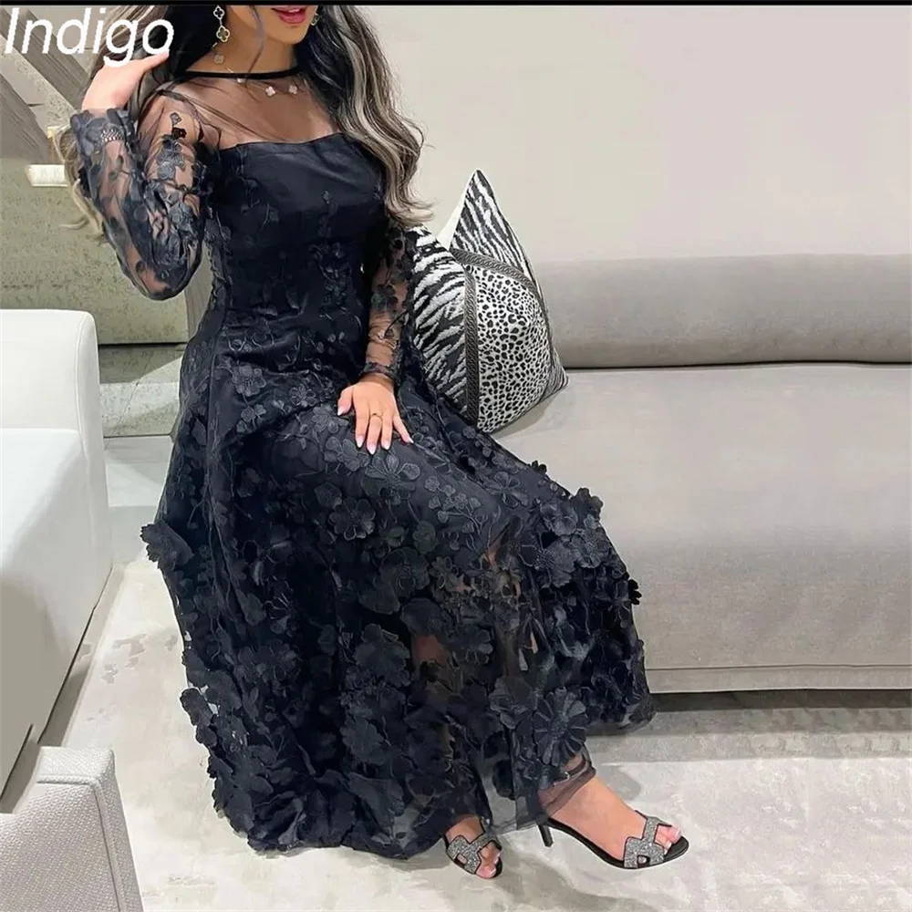 Indigo Prom Dress 2024 A-Line O-Neck Lace Long Sleeve Zipper Back Ankle-Length Satin Elegant Evening Gowns For Women فساتين الس