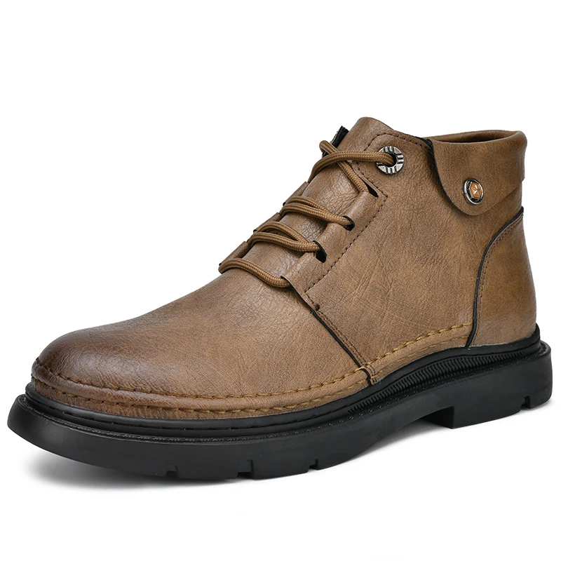 WAERTA Men Designer Leather Shoes Handmade Luxury Leisure Casual Moccasin Fashion Ankle Boots Comfortable Non-slip Winter Plush