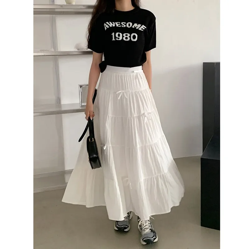 2024 New Arrival Summer Korean Style Women Loose Fit Casual Sweet Elastic Waist Bow Patchwork A-line Cotton Mid-calf Skirts V913