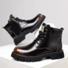 Fashion Shiny Genuine Leather Men's Boots Winter Platform Ankle Boots Men High-top Motorcycle Boots Fashion Flat Designer Shoes - Image 2