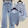 Women Tracksuits Korean Casual Vest striped Loose Sunscreen Blouse wide Leg High Waist Denim Pants Sets Summer Outfits 2023 Sets