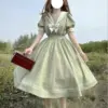 Japanese Soft Sister Cute Lolita Dress Women Sweet Puff Sleeve Slim Student Dresses Party Retro Girls Bow Salior Collar Vestidos