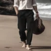 Fashion Cotton Linen Loose Waist Button Trousers Men Clothing Casual Straight Long Pant Summer Men Vintage Solid Beach Trouser - Image 6