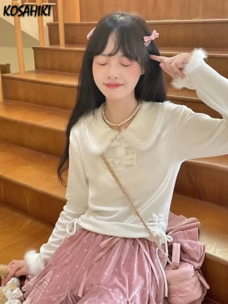KOSAHIKI Korean Fashion Ribbed T-shirt Knitted Long Sleeve White Basic T Shirt Solid Sexy Slim Tee Y2k Aesthetic Cute Tops