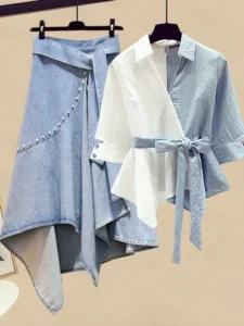 Summer Blue Patchwork Chiffon Shirt Tops Irregular Lace Up Denim Short Skirt Two-piece Elegant Women's Skirt Set Casual Outfits - Image 6